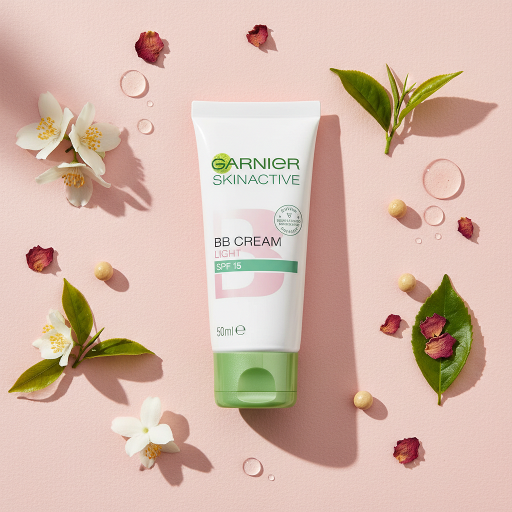 Garnier SkinActive BB Cream Light 50ml flat lay with botanical ingredients on pink background