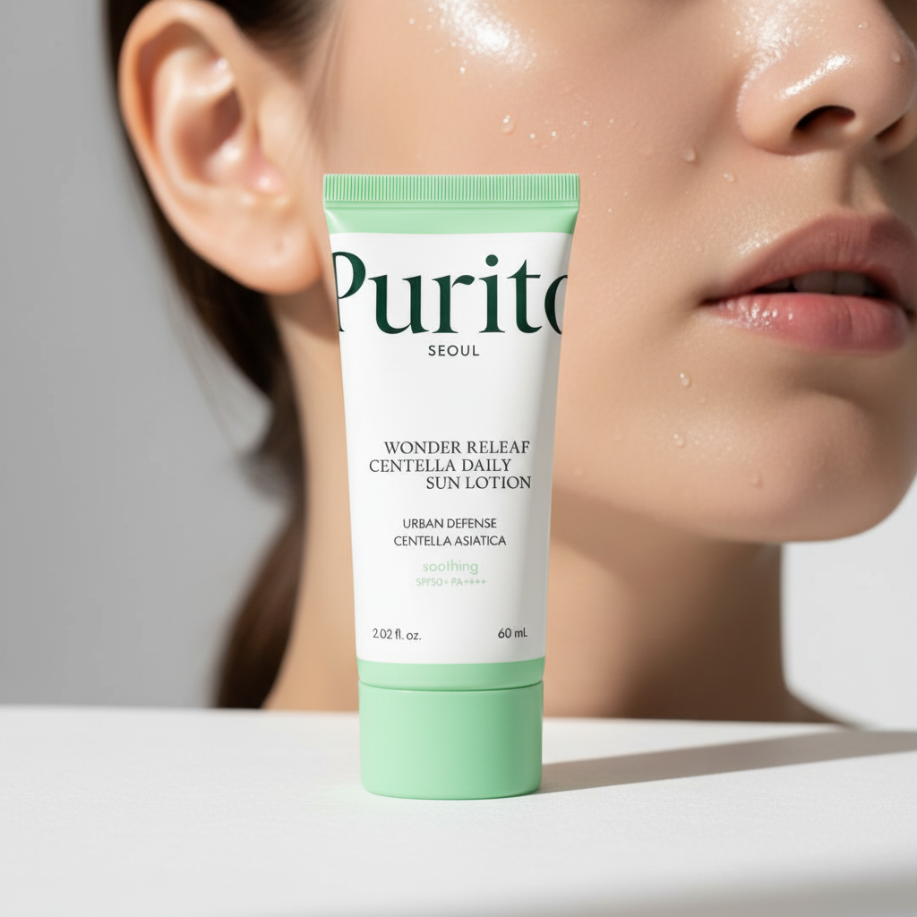 PURITO Centella Sun Lotion SPF50+ with dewy glowing skin lifestyle shot