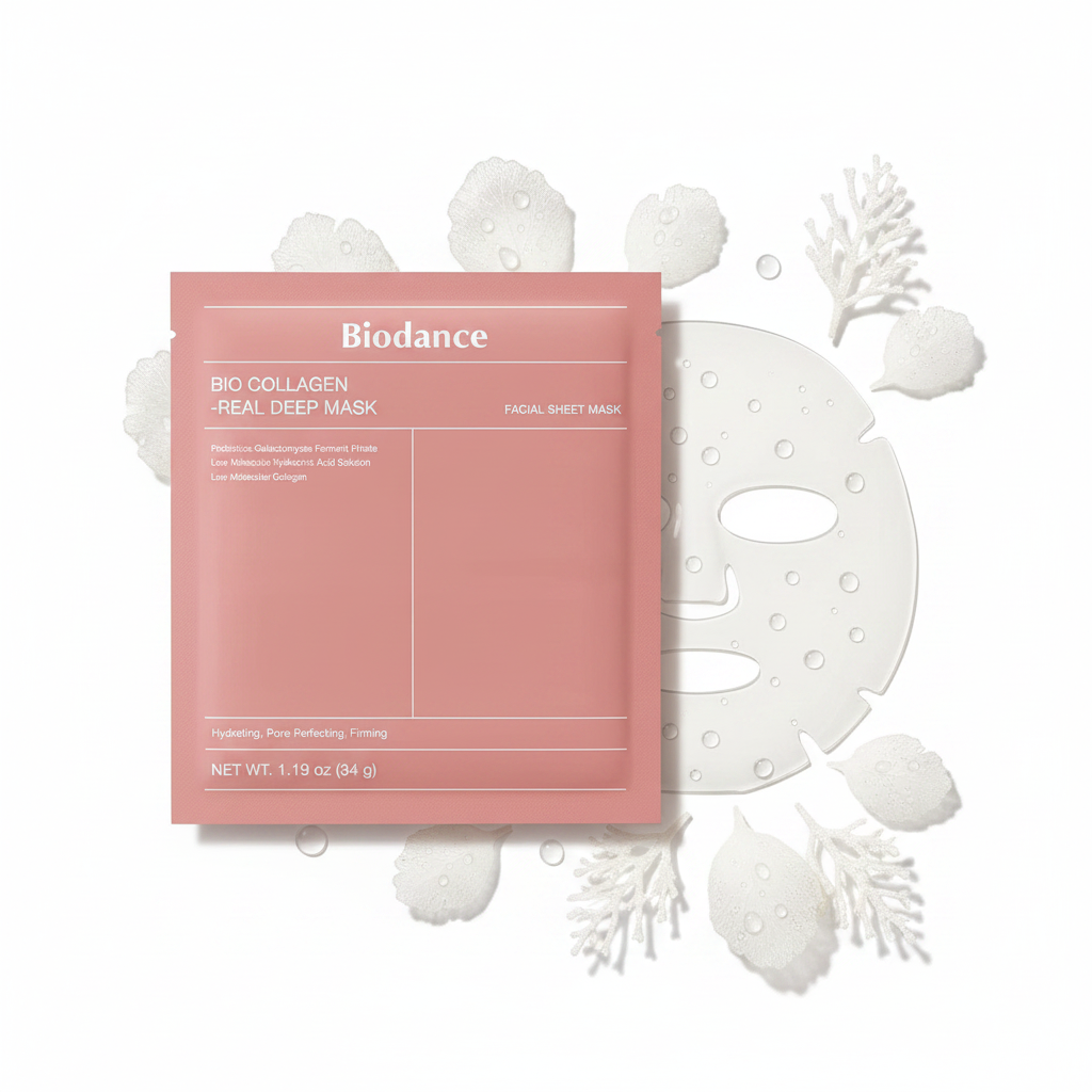Biodance Bio-Collagen Real Deep Mask flat lay with hyaluronic acid and collagen elements
