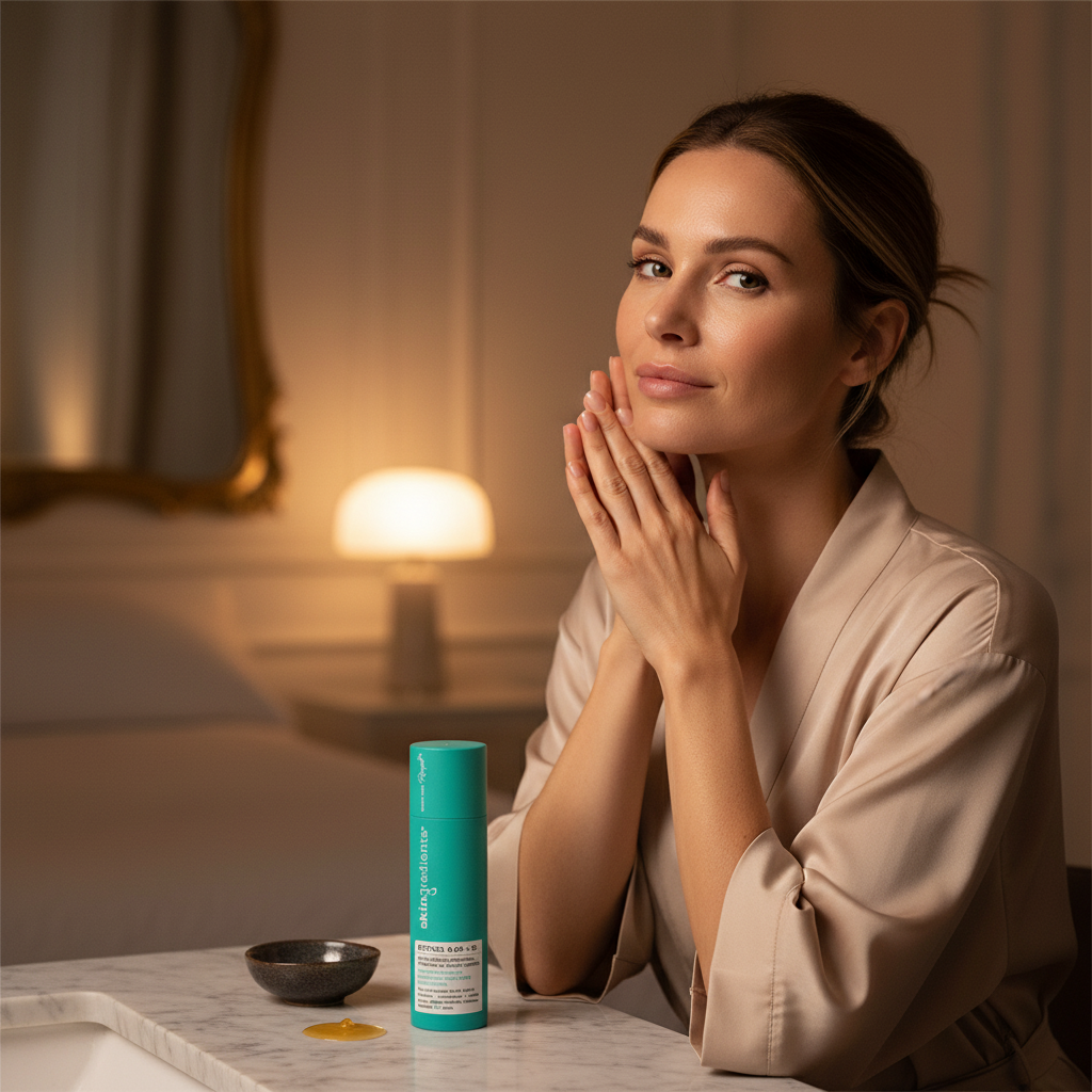 Woman with smooth radiant skin using Skingredients Retinol Night Serum in evening routine