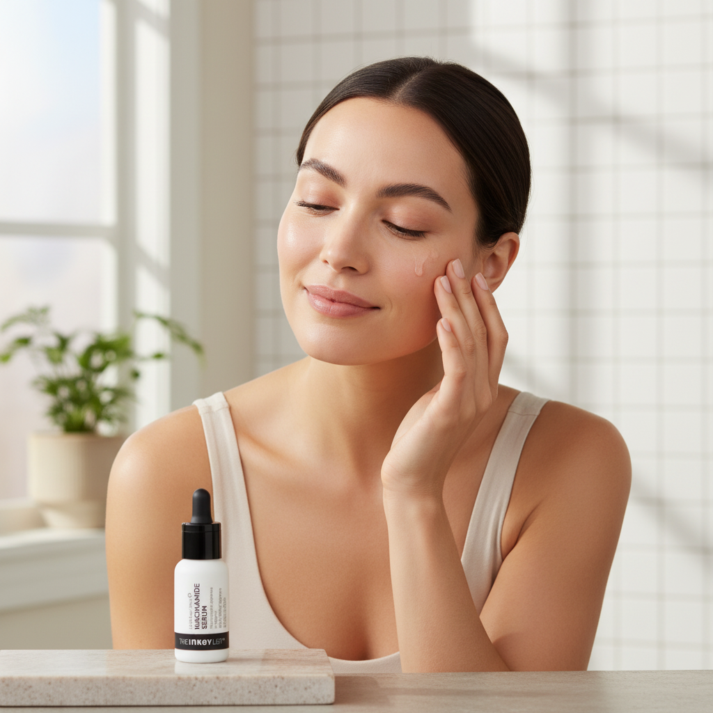Woman applying The INKEY List Niacinamide Serum for clear balanced skin