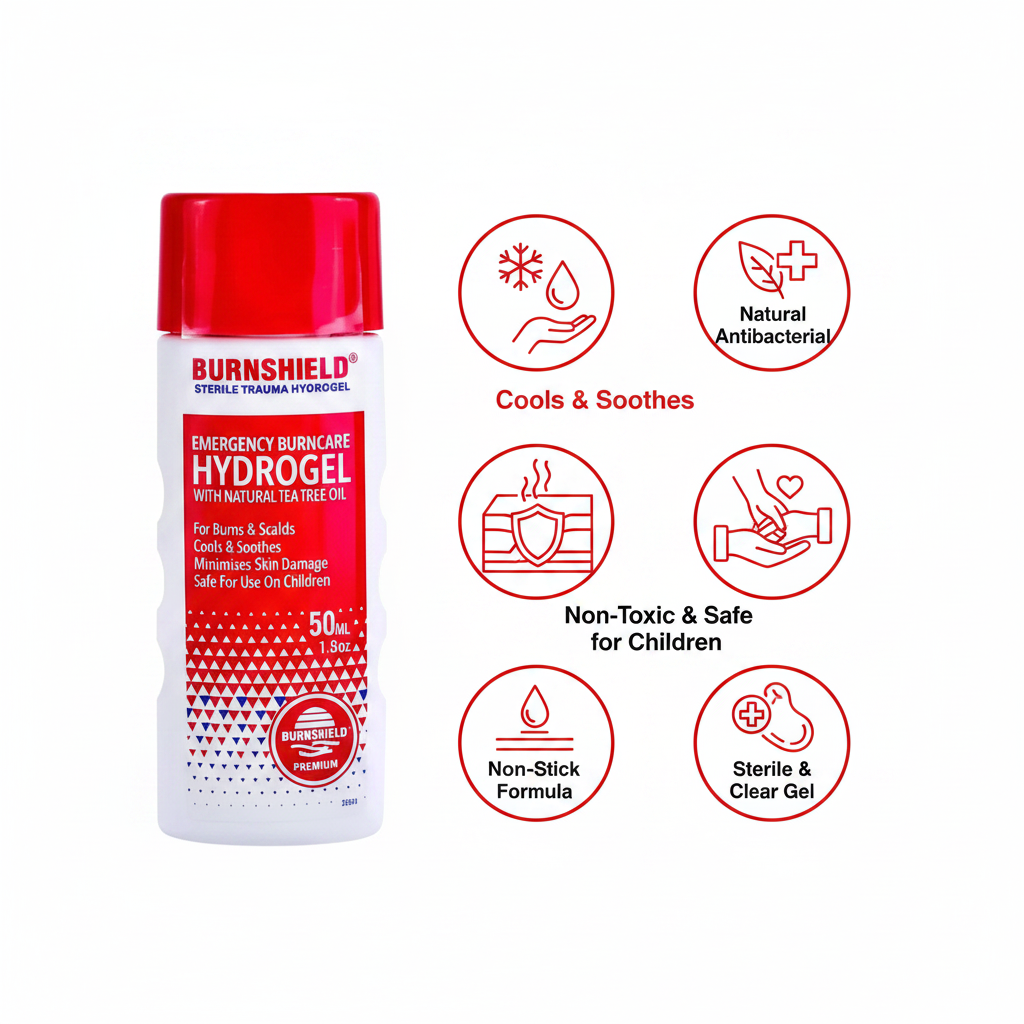 Burnshield Hydrogel 50ml key benefits infographic