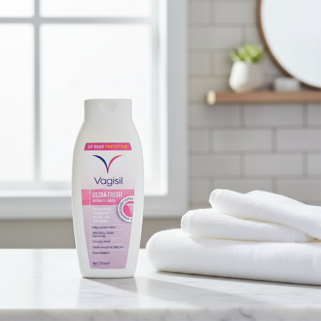 Vagisil Ultra Fresh Intimate Wash in a clean bright bathroom setting
