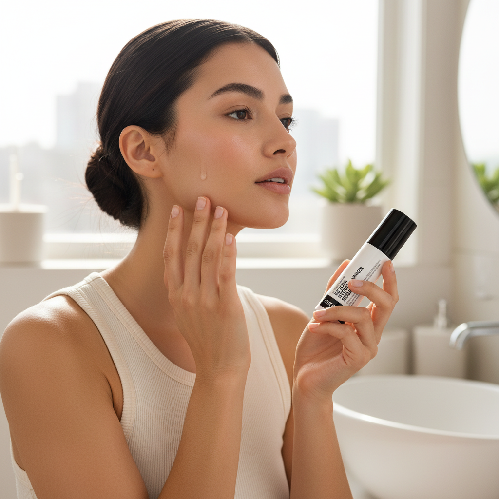 Woman applying The INKEY List Ectoin Hydro-Barrier Serum for plump hydrated skin