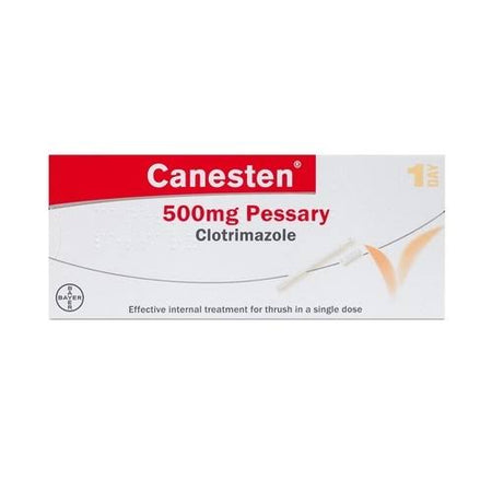 A box of Canesten 500mg Pessary (Clotrimazole) shown against a plain white background. The packaging features a white and red design with a small illustration of a white applicator tip.