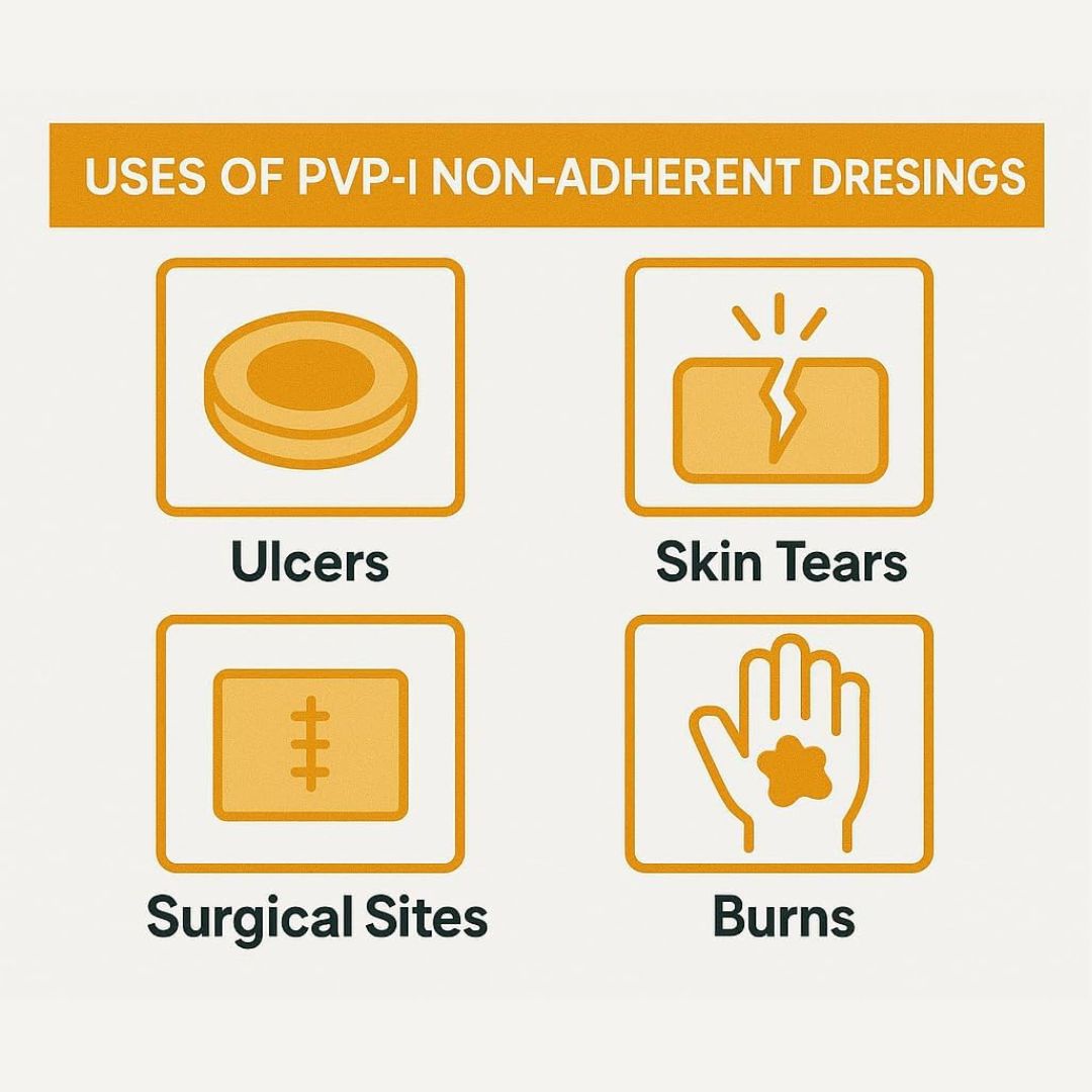 An informational graphic titled 'USES OF PVP-I NON-ADHERENT DRESINGS' showing four illustrated use cases: ulcers, skin tears, surgical sites, and burns, each with a simple orange icon and label on a light background.