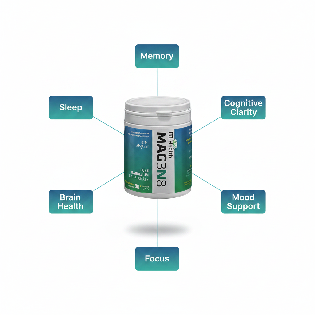 Supplement bottle with labeled benefits on a white background