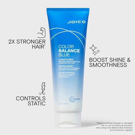 Joico Color Balance Blue conditioner tube with text highlighting benefits on a white background