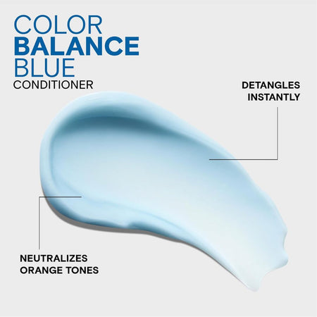 Blue conditioner product with text on a gray background
