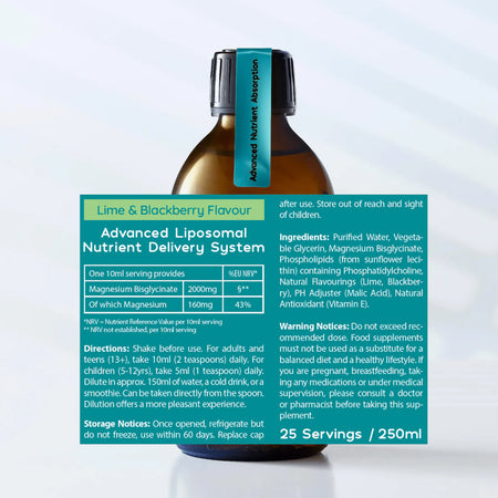 Bottle of Advanced Liposomal Nutrient Delivery System with label on a light blue background