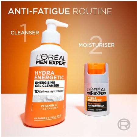 L'Oréal Men Expert Hydra Energetic skincare set featuring a large pump bottle of cleanser and a smaller tube of moisturizer, labeled as part of an 'Anti-Fatigue Routine'.