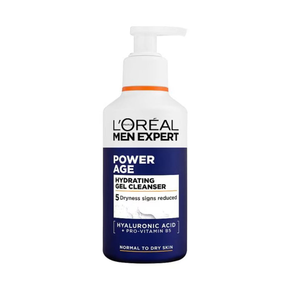 L'Oréal Paris Men Expert Power Age Hydrating Gel Cleanser in a white pump bottle with a navy blue label and an orange accent ring, on a white background.