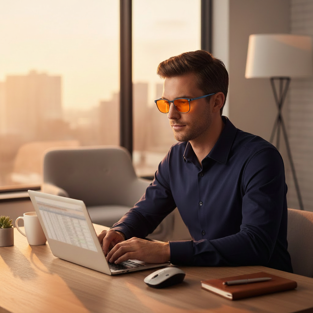 Man at desk with blue light blocking orange lens glasses