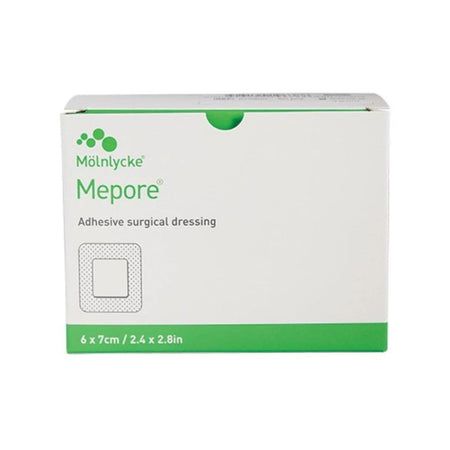 Mölnlycke Mepore adhesive surgical dressing packaging on a white background