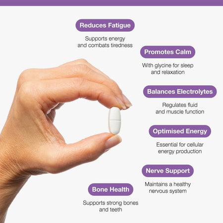 Hand holding a white pill with health benefits listed on a light purple background