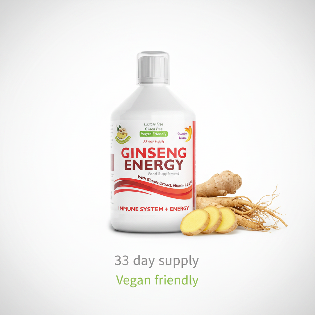 Bottle of Ginseng Energy supplement with ginseng root on a white background