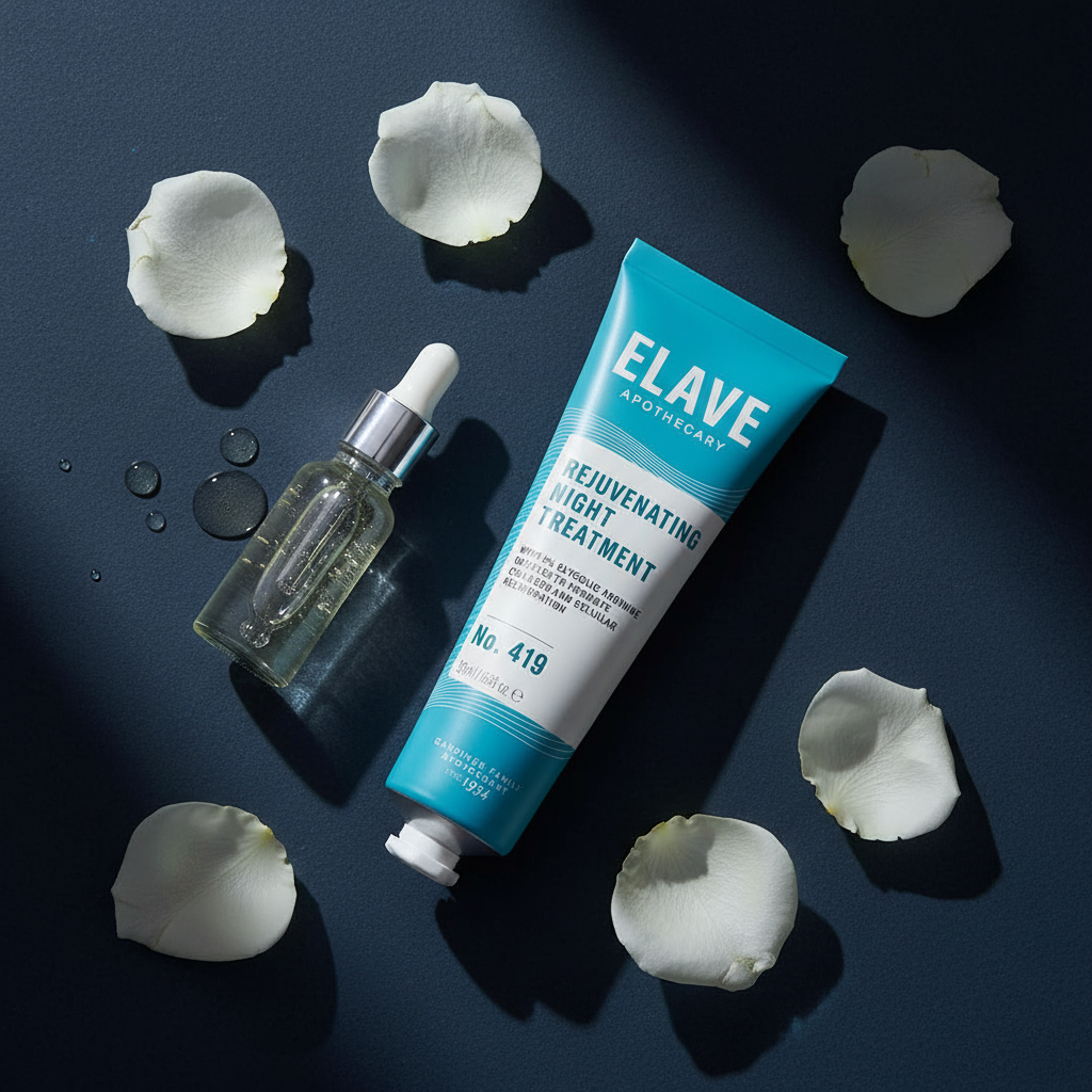 Elave Rejunvenating night treatment flat lay on navy background