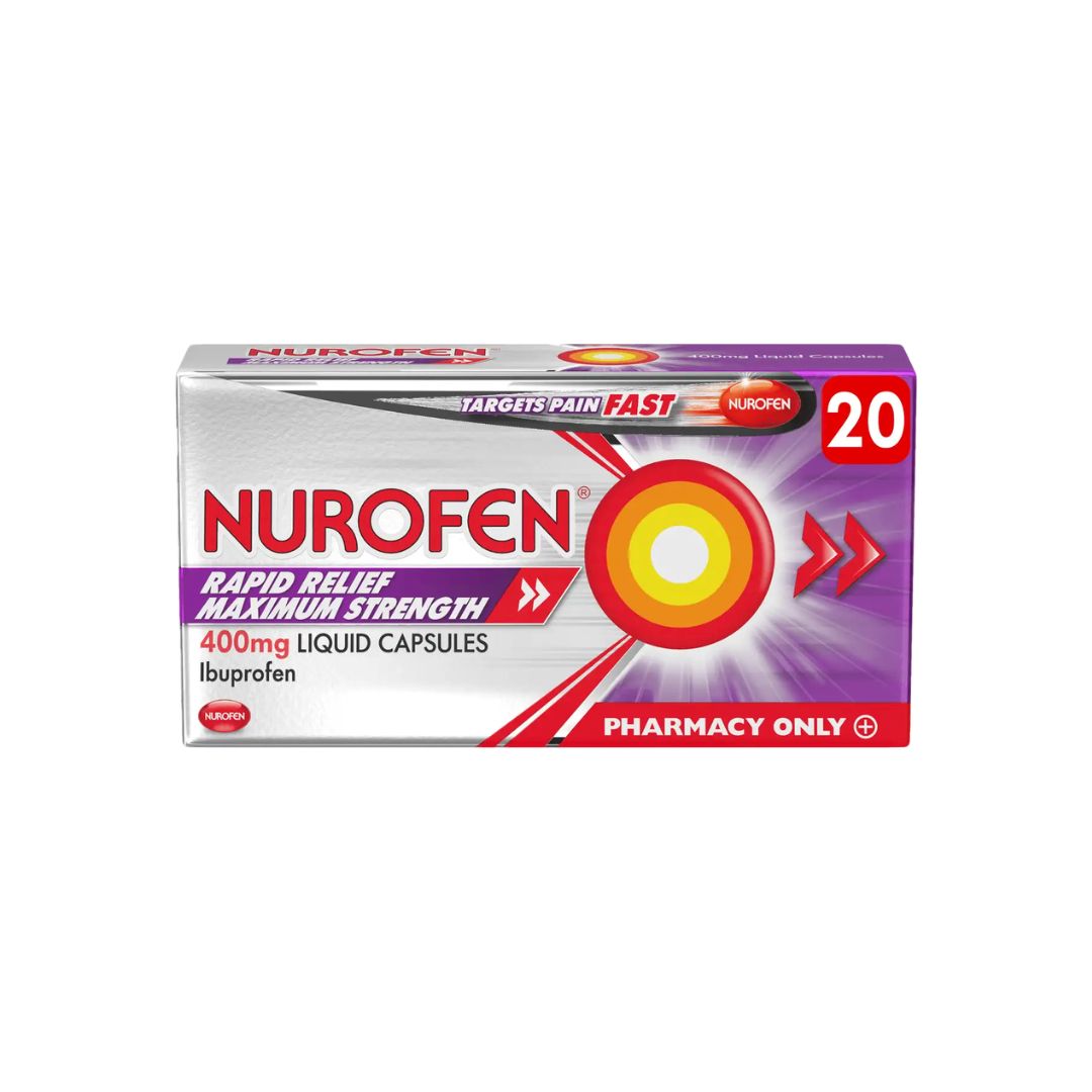 Nurofen Rapid Relief Maximum Strength 400mg liquid capsules in a 20-count box, shown on a plain white background.