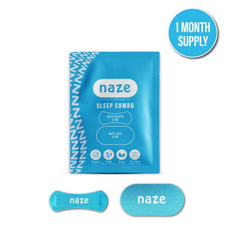 Blue packaging of naze sleep combo with two strips on a white background