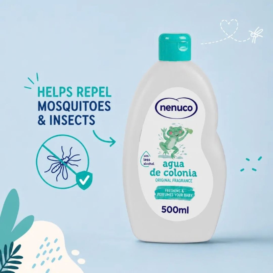 A 500ml bottle of Nenuco Aqua de Colonia Original Fragrance baby shower spray, featuring a white bottle with a teal cap and label, set against a light blue background with illustrative mosquito-repelling graphics.