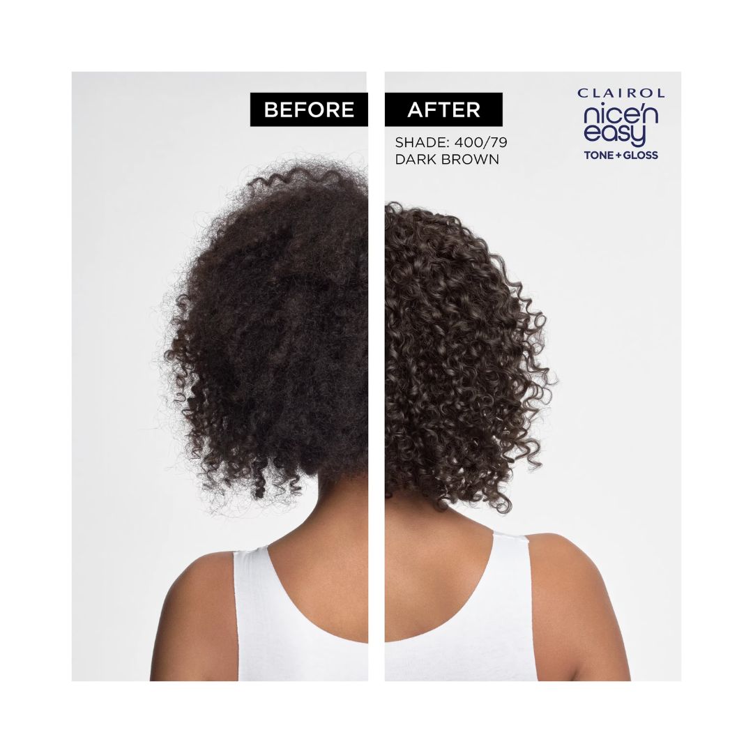 Clairol Nice'n Easy Tone + Gloss 200/83 before and after photo on a cream background