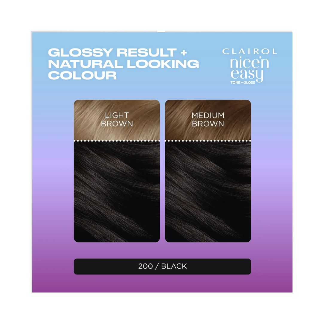 Clairol Nice'n Easy Tone + Gloss 200/83 Before and After photos on a purple background