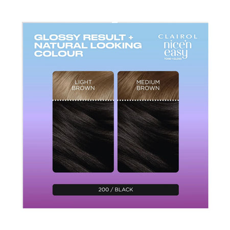 Clairol Nice'n Easy Tone + Gloss 200/83 Before and After photos on a purple background