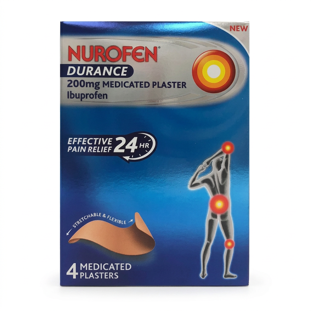 Nurofen Durance 200mg Medicated Plaster Ibuprofen box, showing a blue and silver package with an illustration of a person in pain and a peeled-back plaster band.