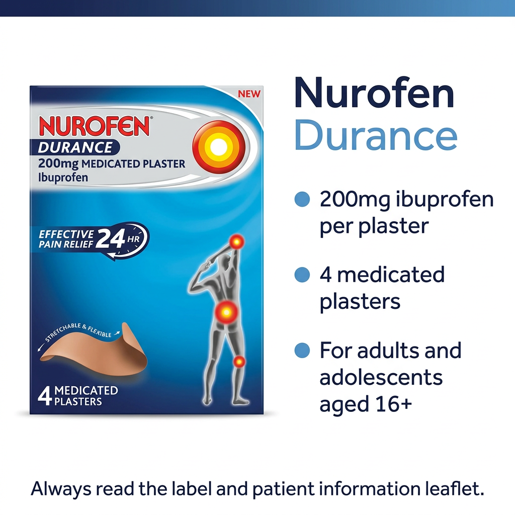 Nurofen Durance 200mg ibuprofen per plaster, 4 medicated plasters, shown with product packaging on the left and key product information on the right against a white background.