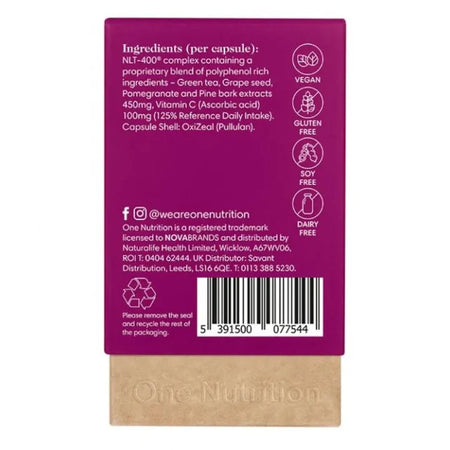 Back of a supplement package with ingredient list and branding on a white background