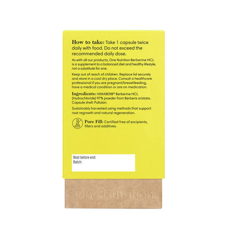 Nutritional supplement package with yellow label and brown base on a white background