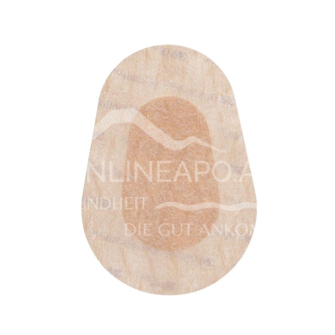 A teardrop-shaped natural wood patch with a lighter tan center, featuring a faint watermark overlay and German text, set against a plain white background.