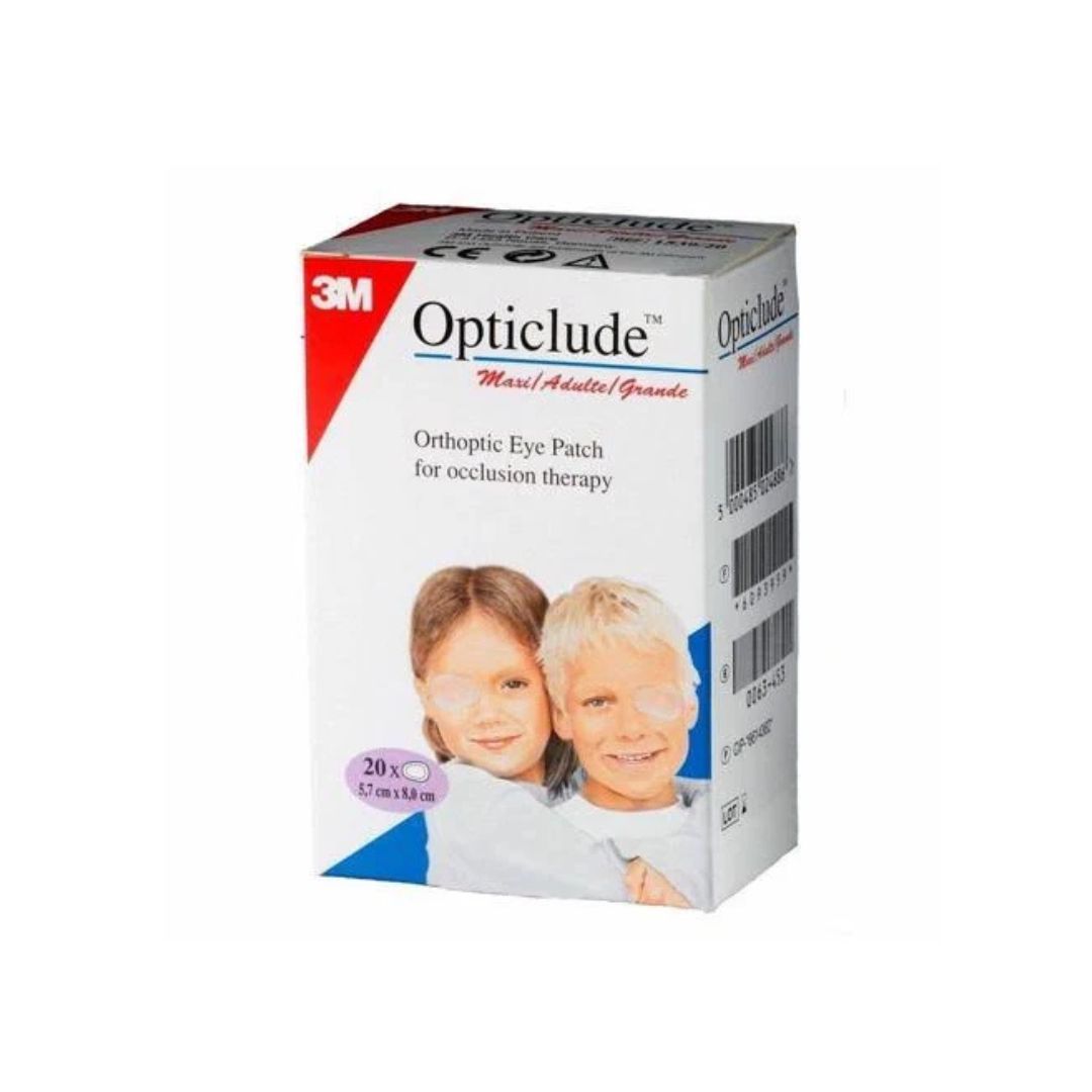 A box of 3M Opticlude orthotic eye patch for occlusion therapy, featuring a white and red design with a photo of a child wearing the patch on the front.