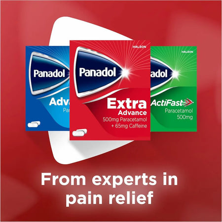 Panadol packaging including Adv, Extra Advance, and ActiFast on a red background with text 'From experts in pain relief'.