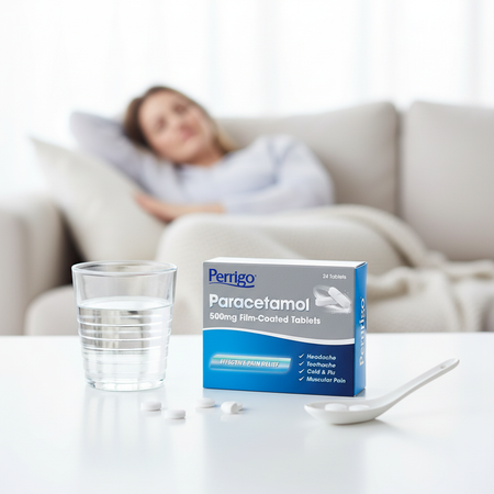 Box of Paracetamol tablets with a glass of water on a table, blurred background of a person lying on a couch.