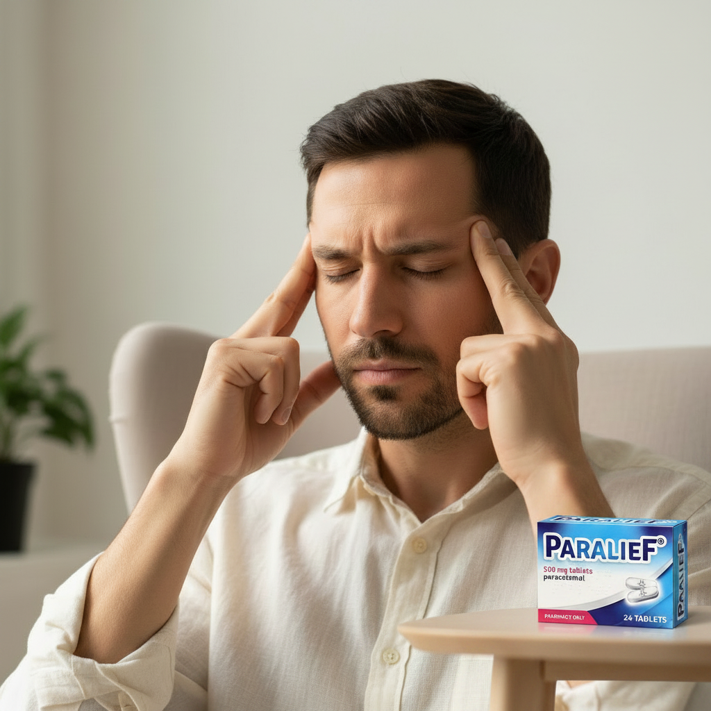 Man with headache holding his temples, Paralief box on table