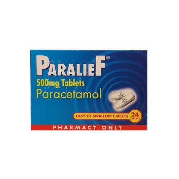 Box of Paralief 500mg Tablets Paracetamol with blue and red design on a white background