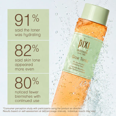 Pixi Glow Tonic bottle with user feedback on a light background