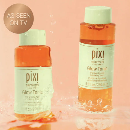 Two bottles of Pixi Glow Tonic on a pink background with 'As Seen on TV' label.
