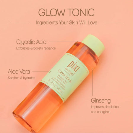  PIXI Glow Tonic bottle with labeled ingredients on a peach background