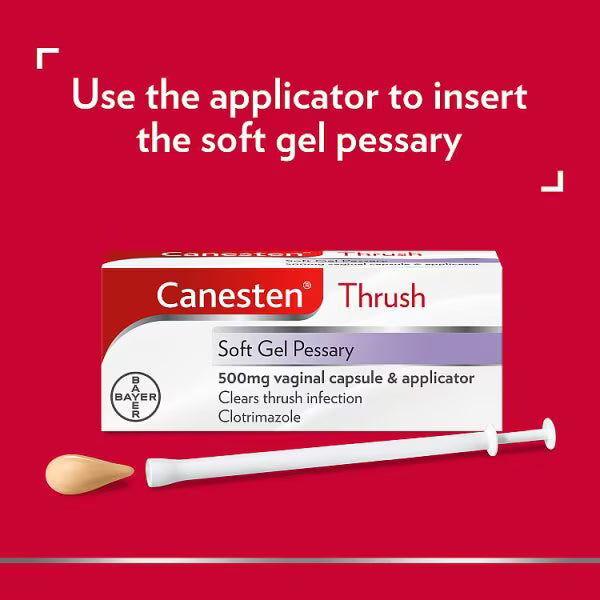 Canesten Thrush soft gel pessary packaging shown on a red background with white text instructions above and a white applicator and beige capsule below. Visible brand: Canesten, with Bayer also visible on the box seal.
