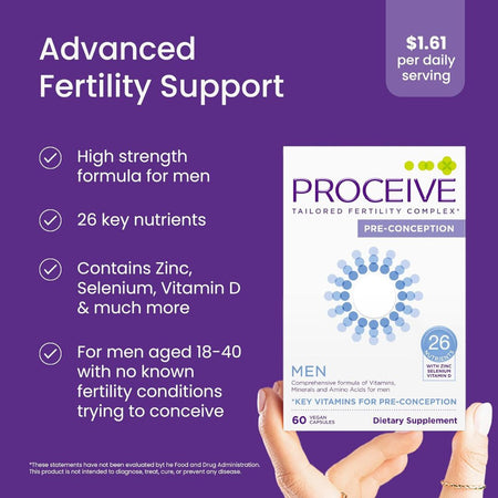 Proceive fertility support supplement packaging with purple background and text.