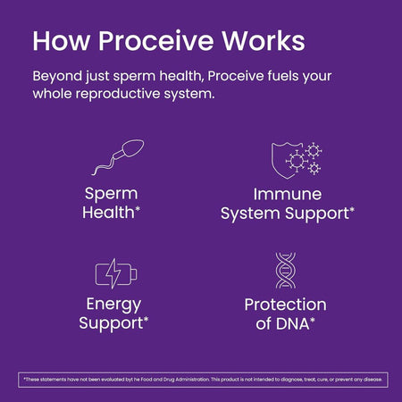 Purple informational graphic with the heading 'How Proceive Works' and four white line icons and text reading 'Sperm Health,' 'Immune System Support,' 'Energy Support,' and 'Protection of DNA.'.