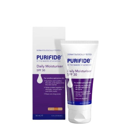 Two bottles of Purifide Daily Moisturiser SPF 30 on a white background