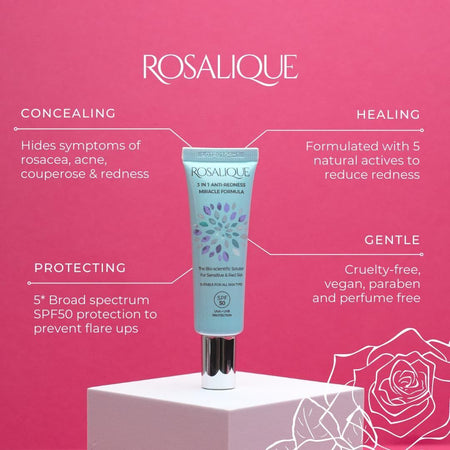 Rosalique skincare product with features on a pink background