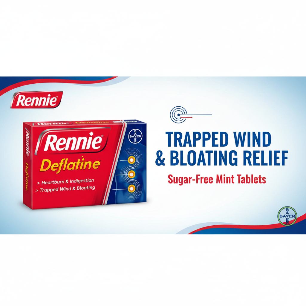 Rennie Deflateine packaging with branding and product description on a light blue background