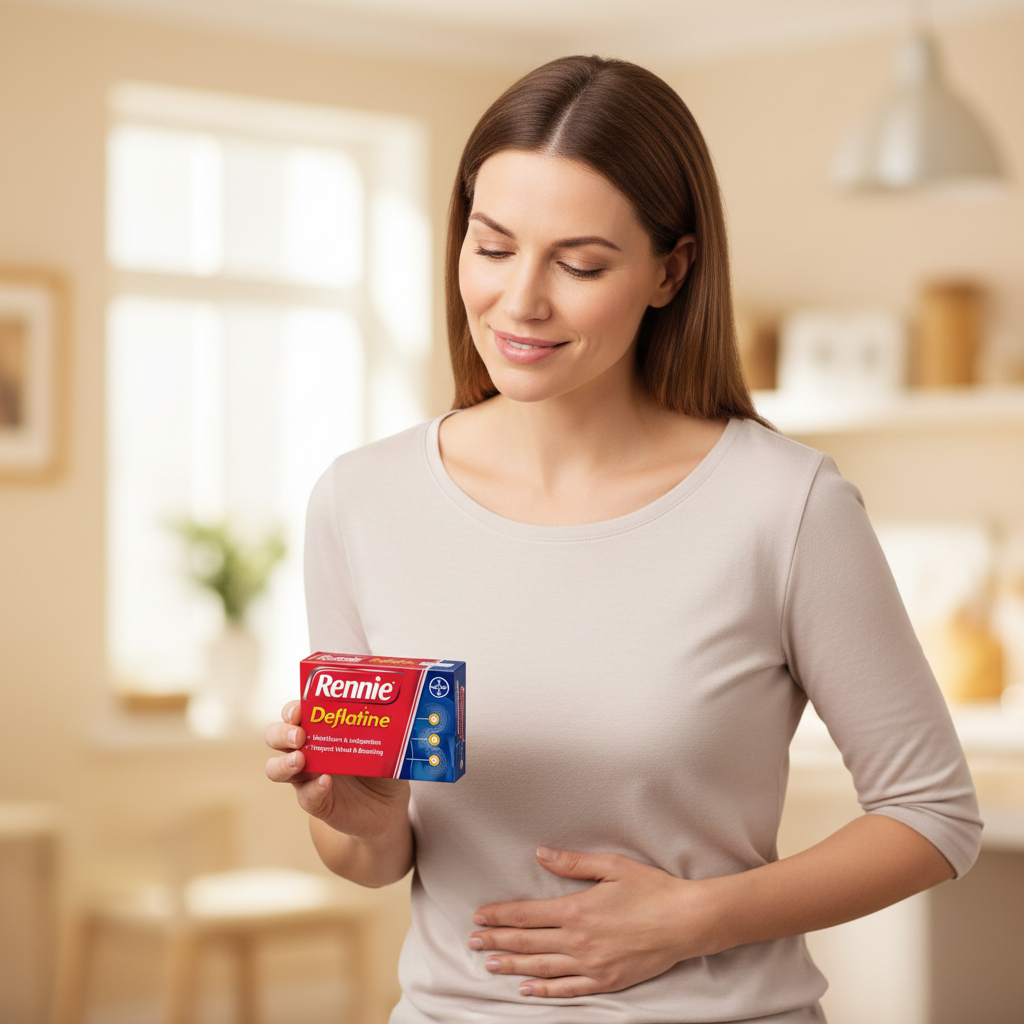 Woman holding a box of Rennie Deflaze in a home setting