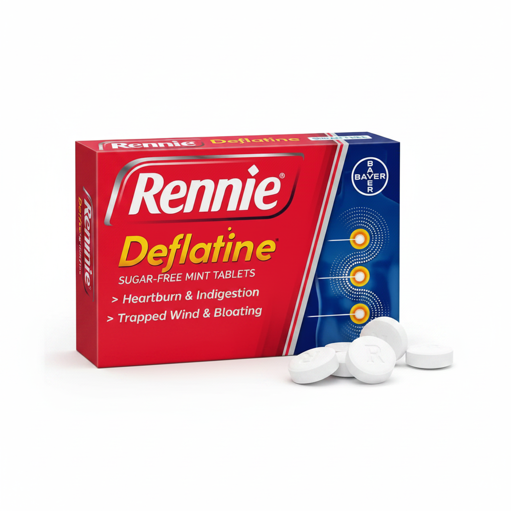 Box of Rennie Deflatine tablets with two white tablets on a white background