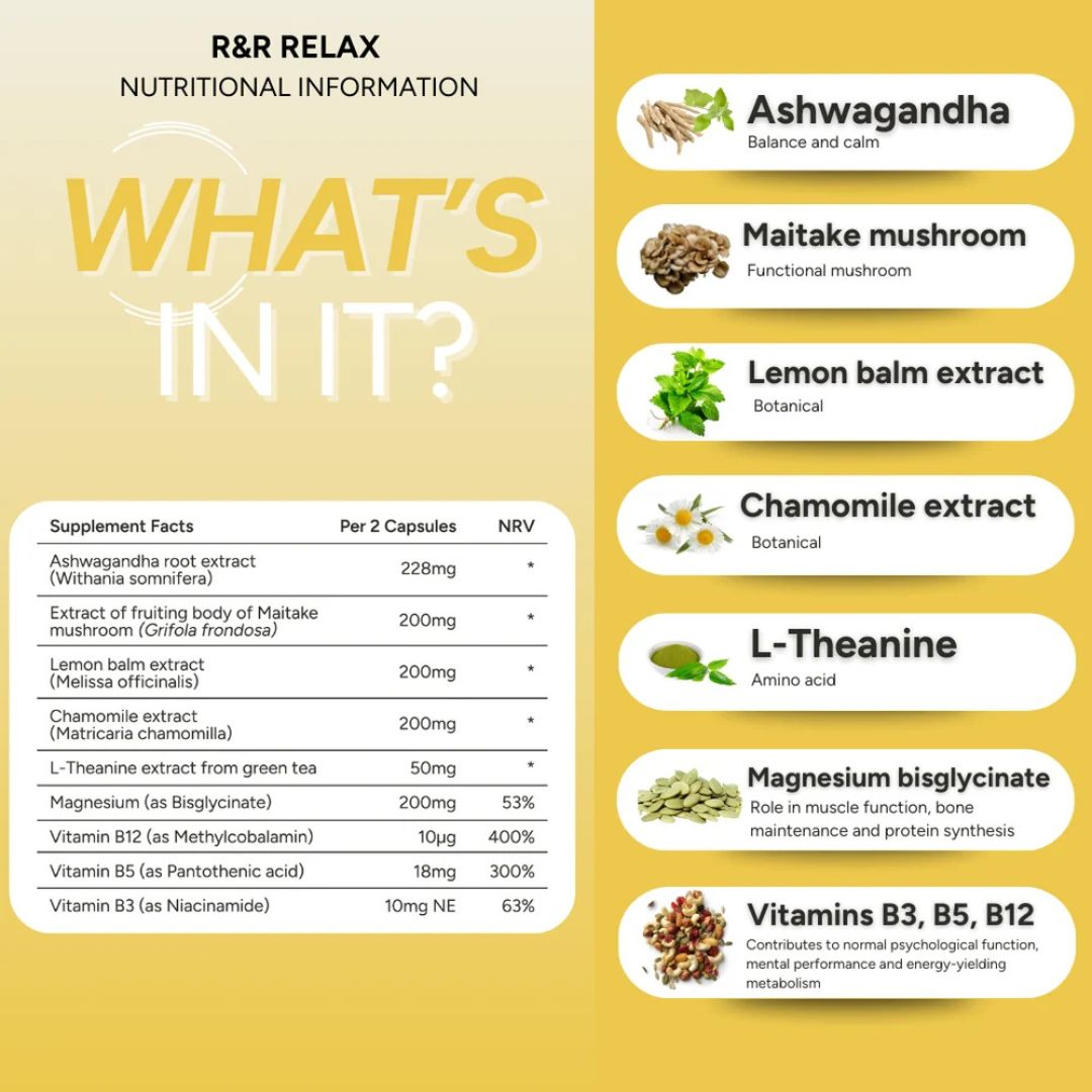 Nutritional information graphic for R&R RELAX supplement, detailing the ingredients and their benefits on a yellow background. The graphic features a table of supplement facts on the left and a list of ingredients on the right, including Ashwagandha, Maitake mushroom, Lemon balm extract, Chamomile extract, L-Theanine, Magnesium bisglycinate, Vitamin B3, B5, and B12.