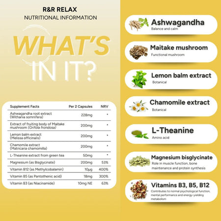 Nutritional information graphic for R&R RELAX supplement, detailing the ingredients and their benefits on a yellow background. The graphic features a table of supplement facts on the left and a list of ingredients on the right, including Ashwagandha, Maitake mushroom, Lemon balm extract, Chamomile extract, L-Theanine, Magnesium bisglycinate, Vitamin B3, B5, and B12.